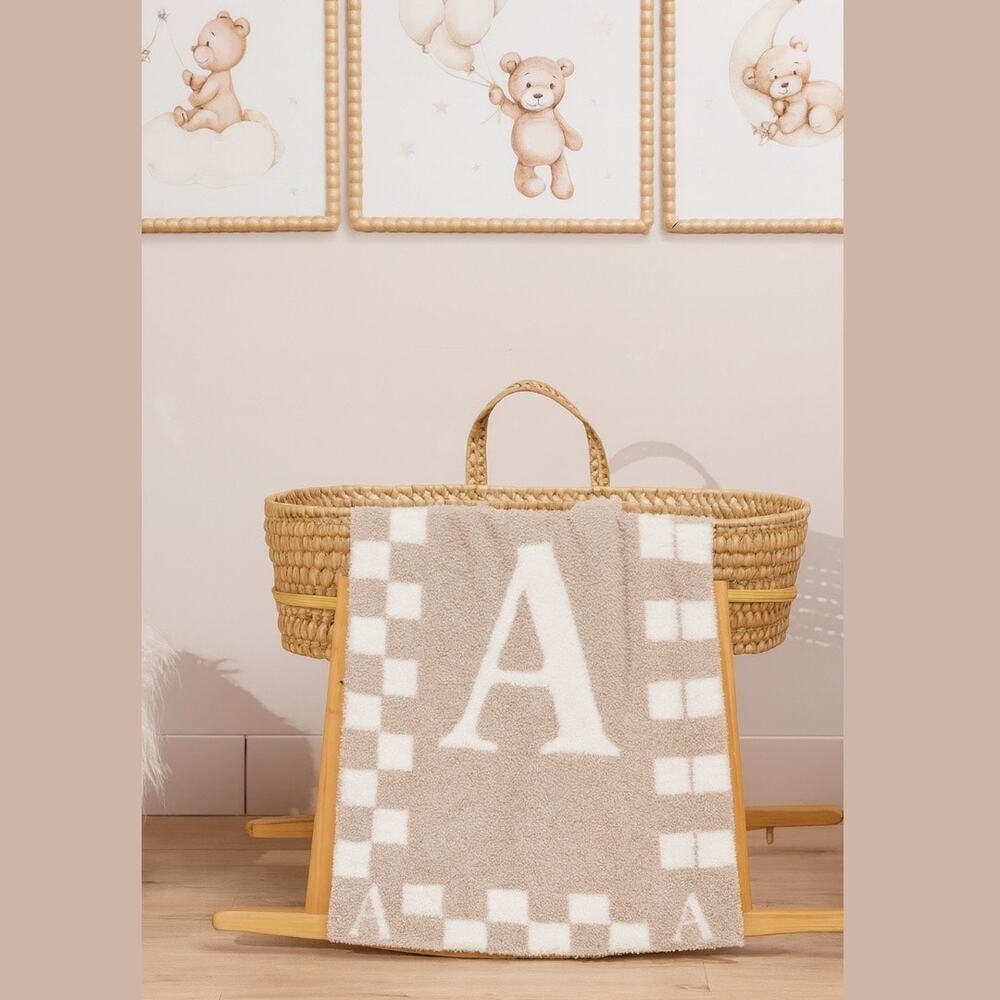 Styled Collection Monogram Initial “A”Baby‎ Nursery Stroller Blanket Taupe NEW
